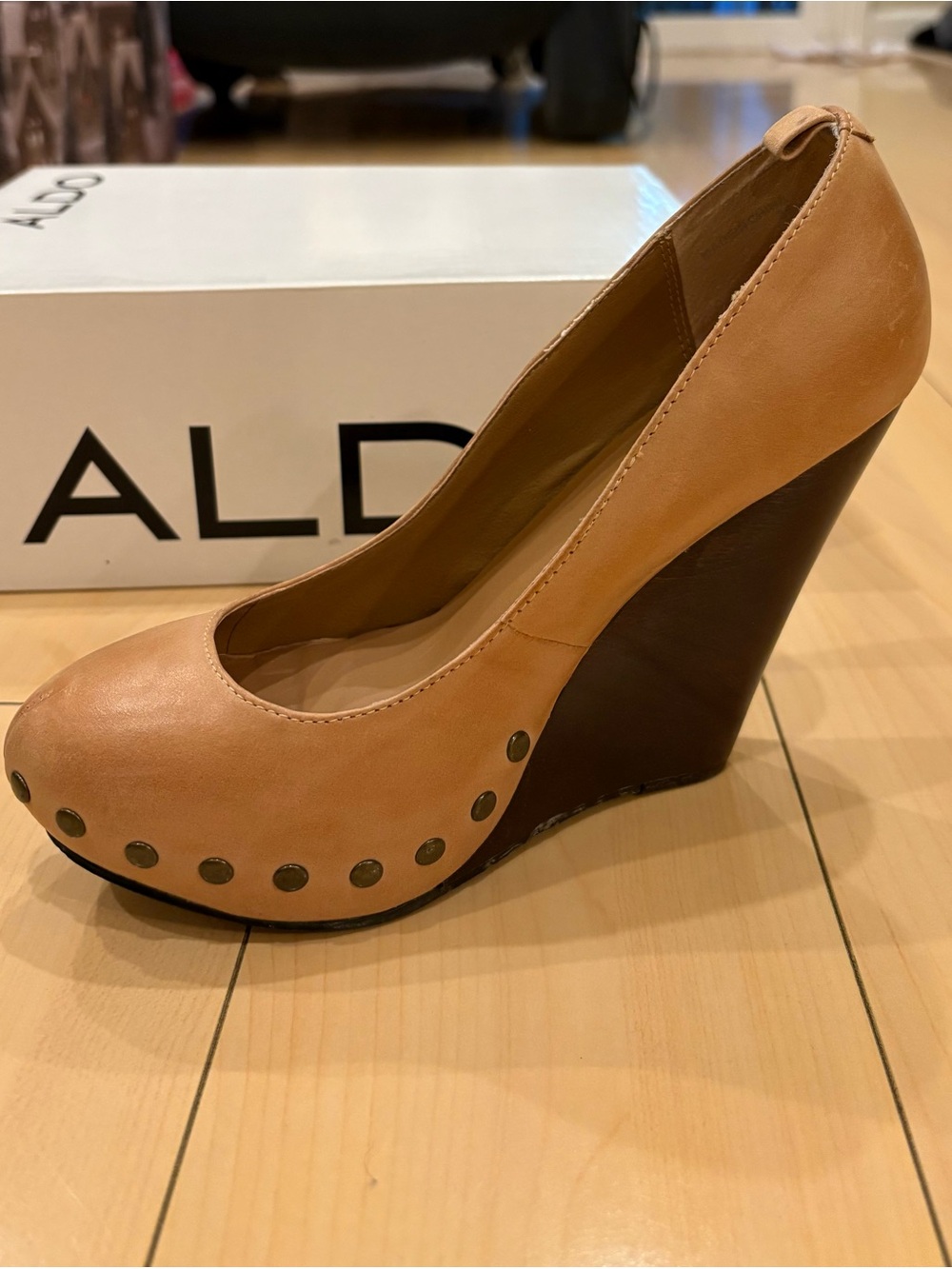 ALDO Tan and Dark Brown Studded Wedge Pumps